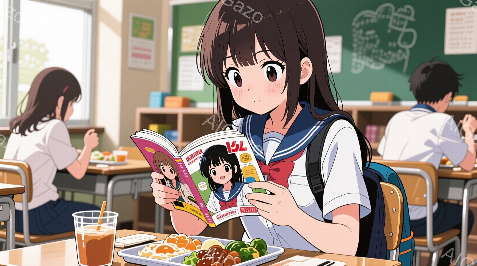 茶髪の少女が教室で漫画を読んでいます。彼女は制服を着ており、髪は肩まで届く長さで、前髪は少しカールしています。机の上には昼食のプレートと飲み物があり、背景には他の生徒たちがいます。