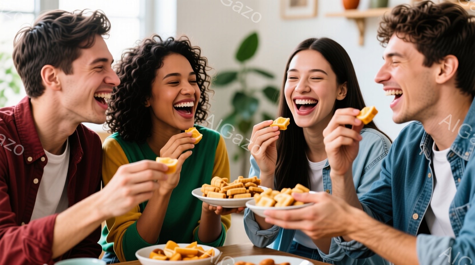 4人の若い男女がテーブルを囲み、笑顔で食事を楽しんでいます。それぞれが赤、緑、青、白のカジュアルな服装で、髪型も個性的で、表情は皆、非常に明るく幸せそうです。背景にはぼやけた室内が見え、暖かく親密な雰 - AI生成フリー素材