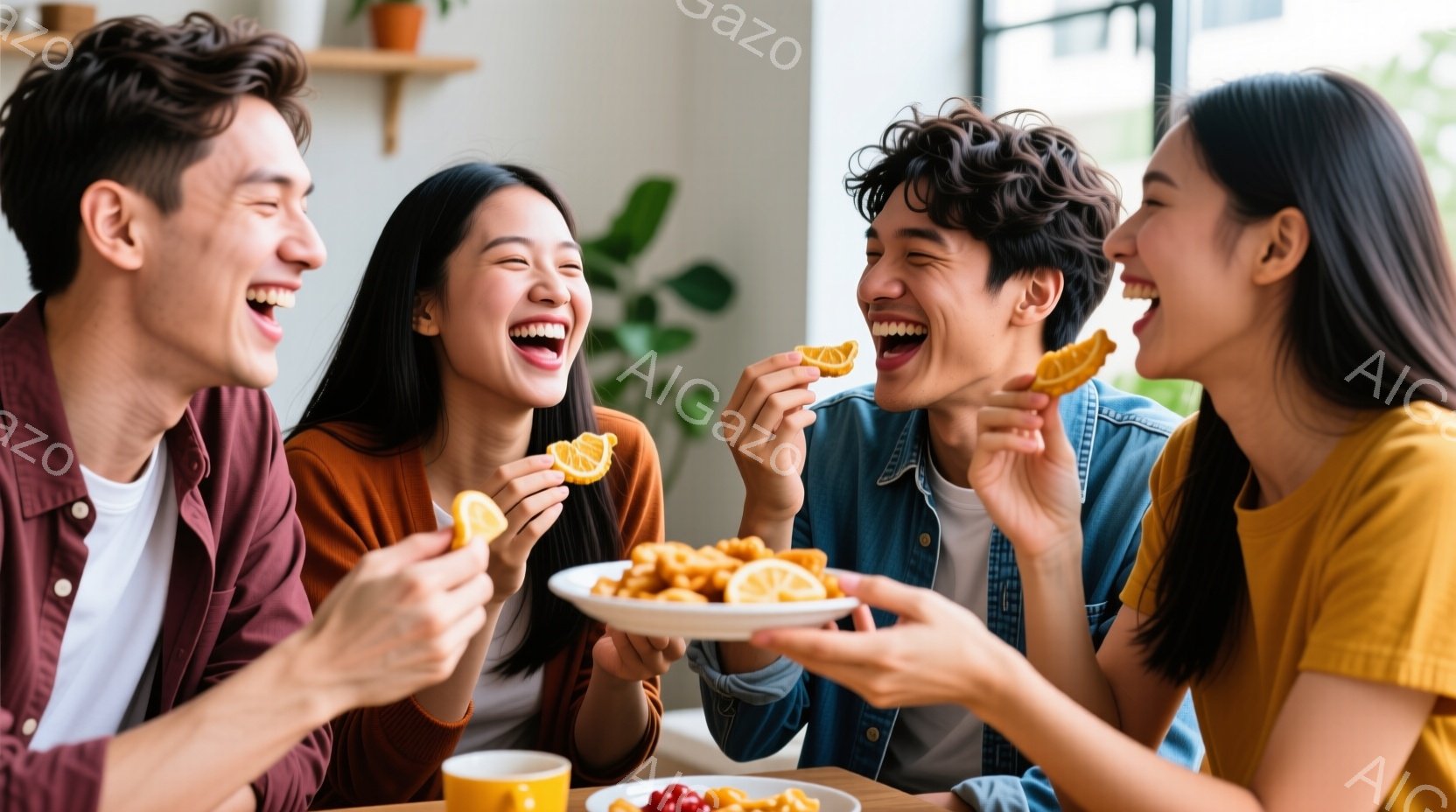 4人の若い男女が食卓を囲み、楽しそうに食事をしている様子が写っている。皆、明るい色のカジュアルな服装で、笑顔を浮かべながら何かを食べている。背景には植物が飾られた棚があり、温かく、リラックスした家庭的 - AI生成フリー素材