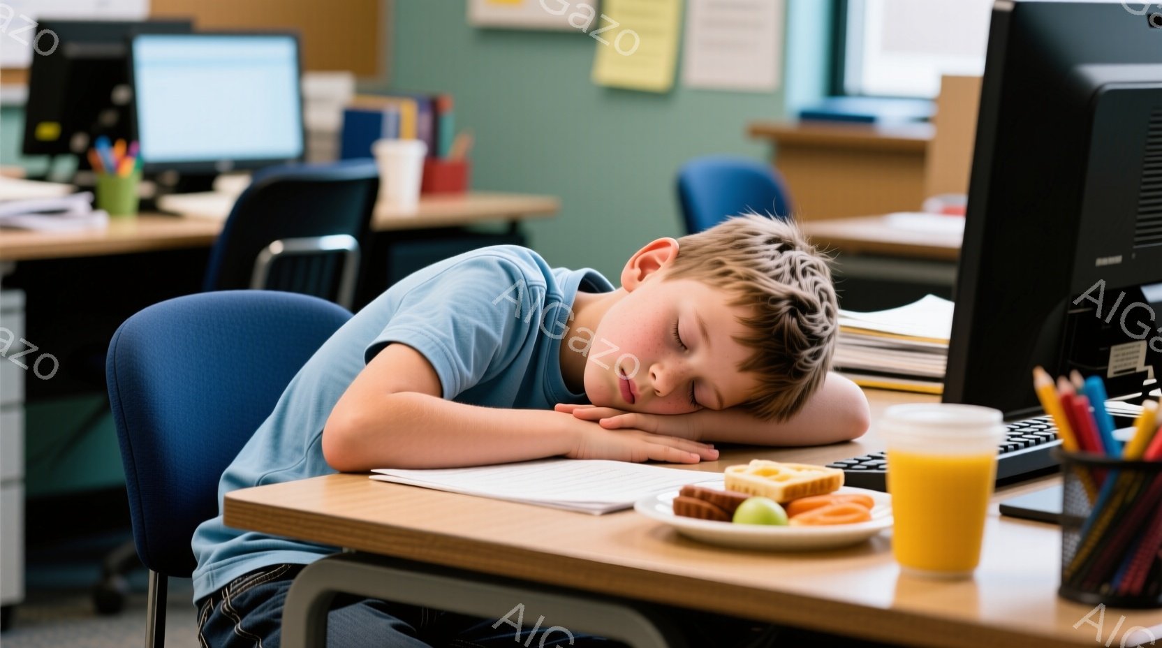 少年は机に突っ伏し、眠っています。彼は青いTシャツとジーンズを着ており、明るい茶色の髪は少し乱れています。背景には他の机とコンピューターがあり、教室のような雰囲気です。 - AI生成フリー素材