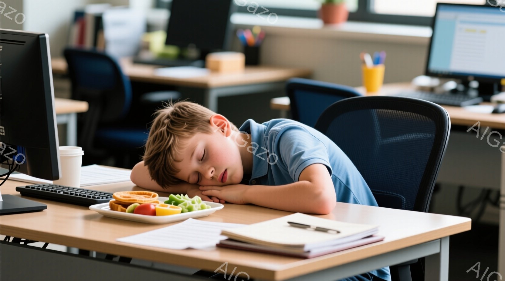 少年は机に突っ伏し、眠っています。彼は青いTシャツを着ており、髪は短く茶色です。机の上には、食べかけのフルーツプレートと書類、そして筆記用具が置かれています。