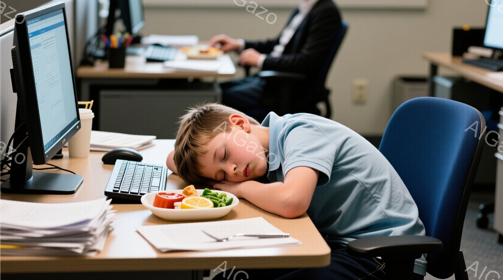 金髪の少年がオフィスで机に突っ伏して眠っています。青いシャツを着ており、髪は短く整えられています。背景には、同僚らしき人物がパソコンに向かって作業しており、オフィス内の標準的な光景が広がっています。