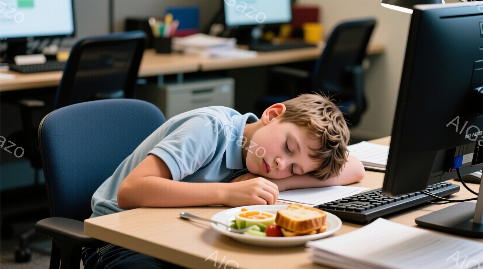 少年は木製の机に突っ伏し、眠っています。青いポロシャツを着ており、髪は短く、少し無造作です。机の上には半分ほど食べられたお弁当と、コンピューターのキーボードがあり、背景には他のデスクとオフィス用品が見えます。