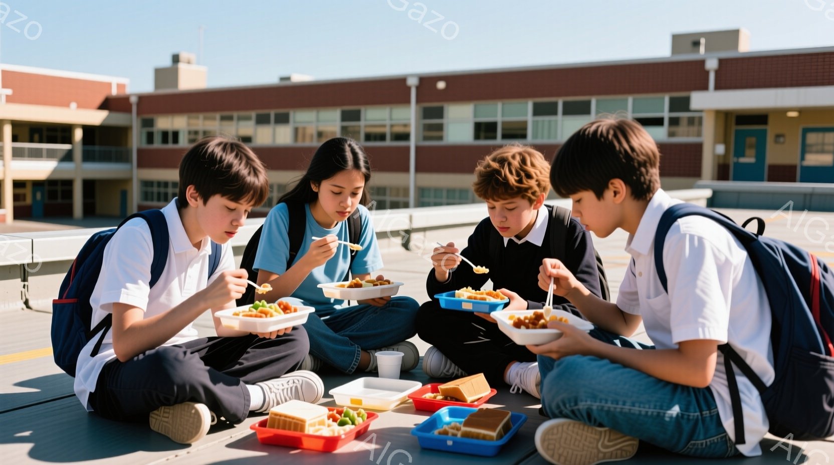 4人の生徒が屋外で正方形の床に座って昼食をとっている。それぞれ白い、水色の、黒い、白いシャツを着ており、リュックサックを背負っている。背景には、レンガ造りの建物が見え、晴天の下、生徒たちは昼食に集中している様子だ。