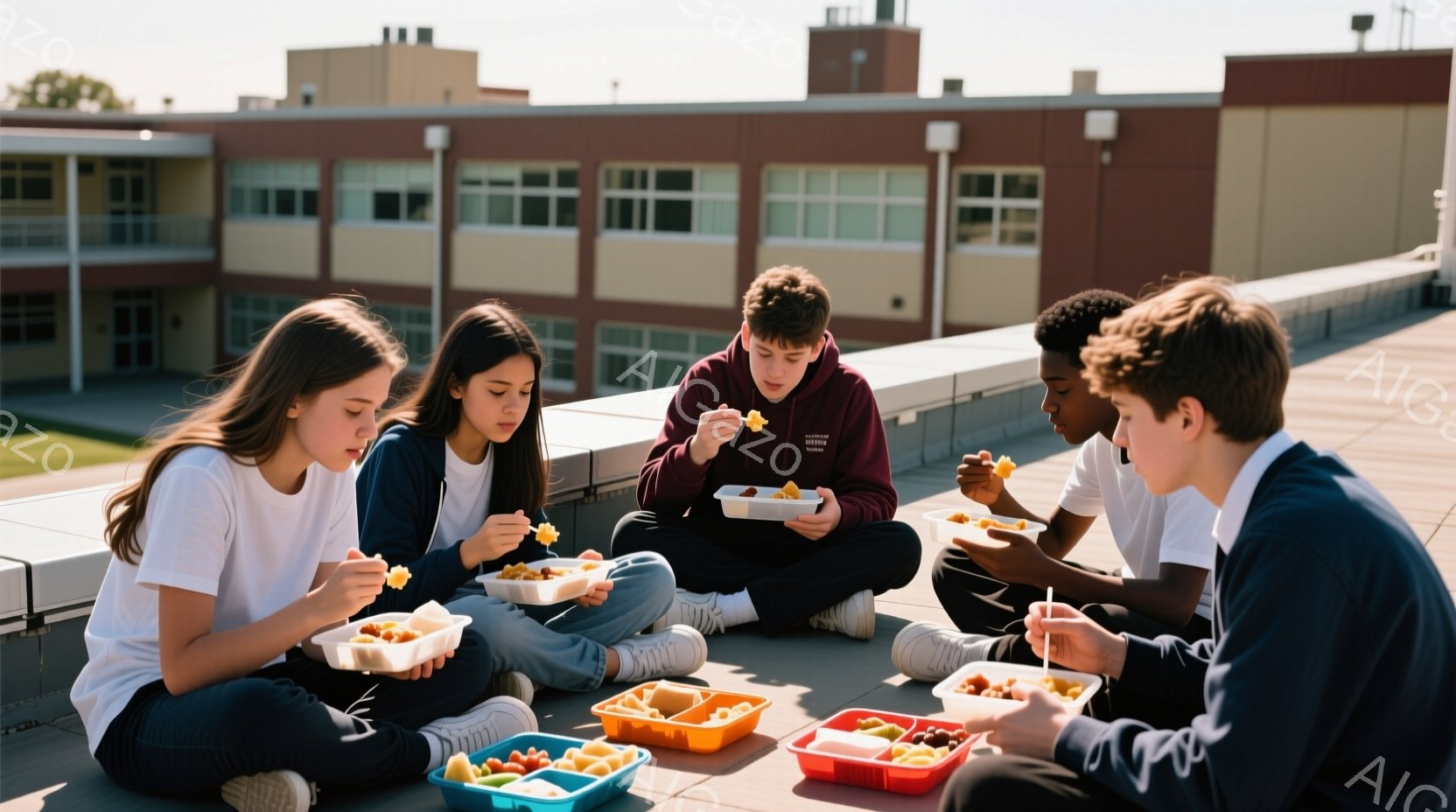 5人の若い学生が屋上の床に座ってランチを食べている。彼らは皆カジュアルな服装で、Tシャツやパーカーを着ており、それぞれの表情はリラックスしている。背景にはレンガ造りの建物と晴れた青空が見え、明るく穏やかな雰囲気が漂っている。