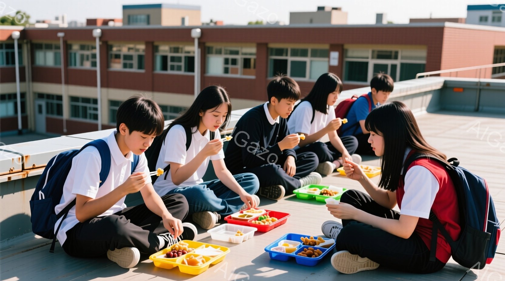 学生たちは屋上の縁に座って、お弁当を食べている。彼らは皆、白いシャツと濃い色のズボンまたはスカートを着用し、リュックサックを背負っている。背景にはレンガ造りの建物が見え、晴れた空の下、リラックスした雰囲気の中で食事を楽しんでいる様子が伺える。