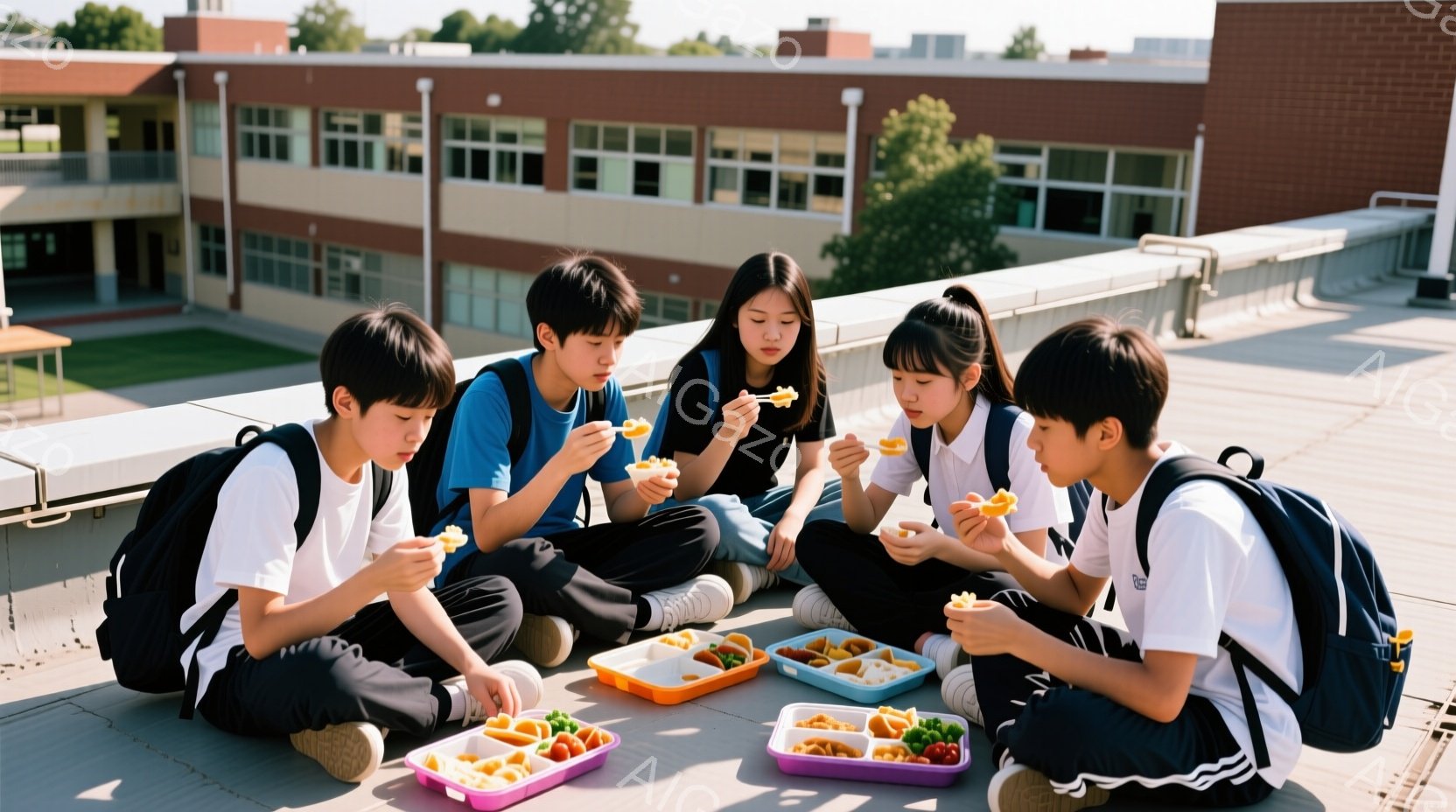 5人の学生が屋上の縁に座り、お弁当を食べている。彼らは皆白いシャツにズボンまたはスカートを着用し、リュックサックを背負っている。背景にはレンガ造りの建物と緑豊かな木々が見え、晴れた日の穏やかな雰囲気を感じさせる。