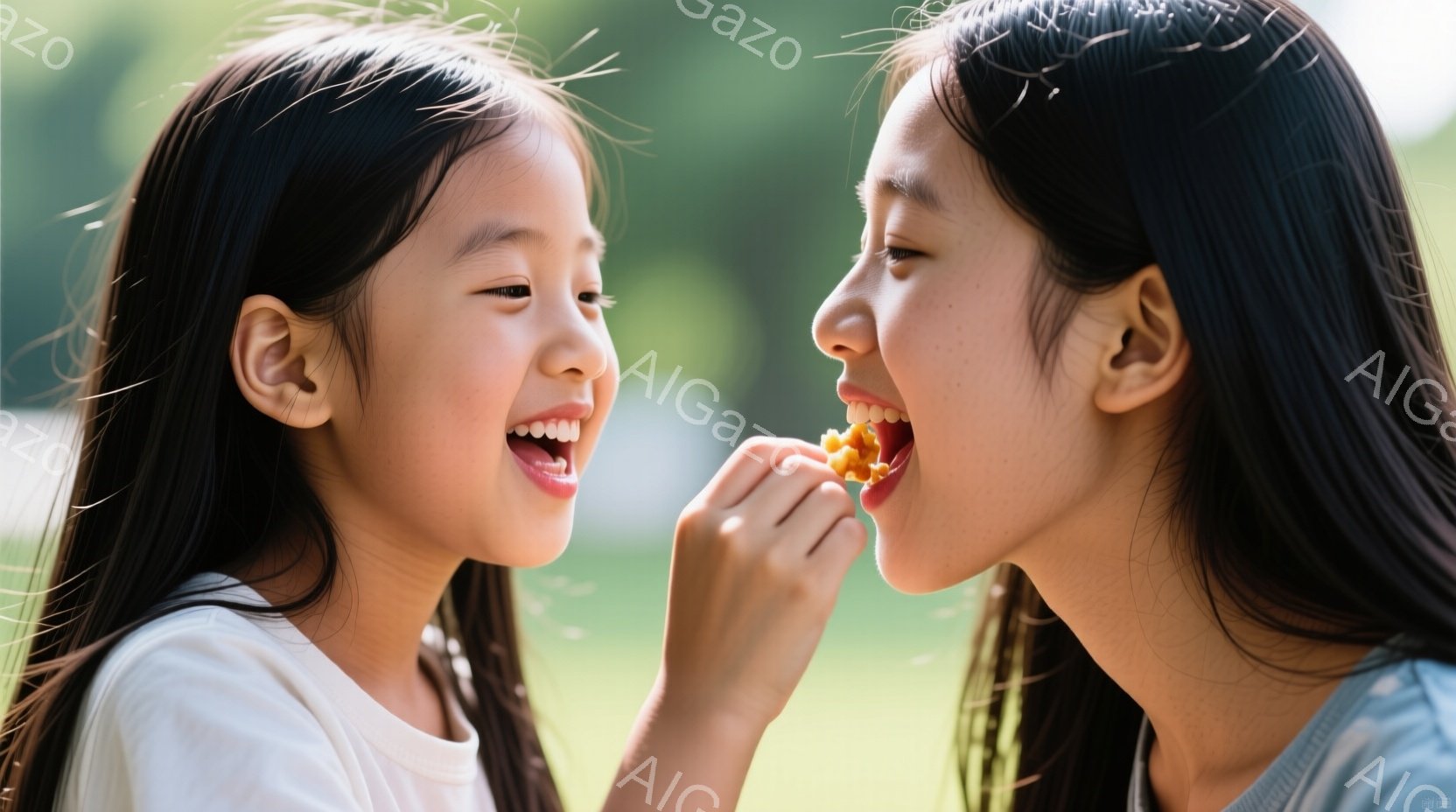 二人の若い女性が互いに向かい合って笑顔を浮かべている。片方は明るいベージュ色のシャツを着ており、長い黒髪が肩から背中にかけて流れている。もう片方は水色のシャツを着ており、口元に何か食べ物（おそらくポテ - AI生成フリー素材