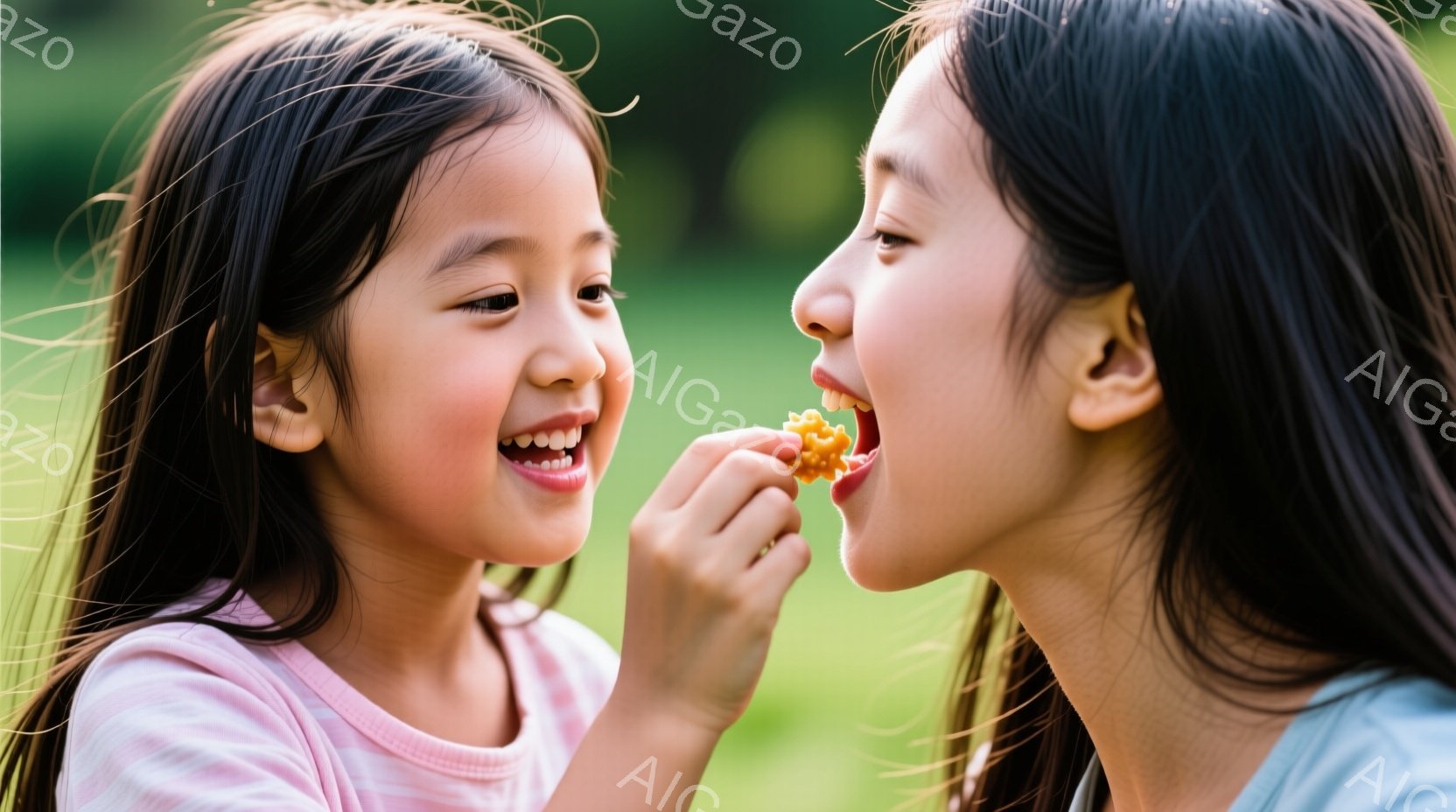 長い黒髪の少女と女性が、屋外で向かい合って微笑んでいます。少女は薄いピンクのTシャツを着ており、女性は何かを口に運ぼうとしています。背景は緑豊かな自然で、晴れた日の温かい雰囲気が感じられます。 - AI生成フリー素材