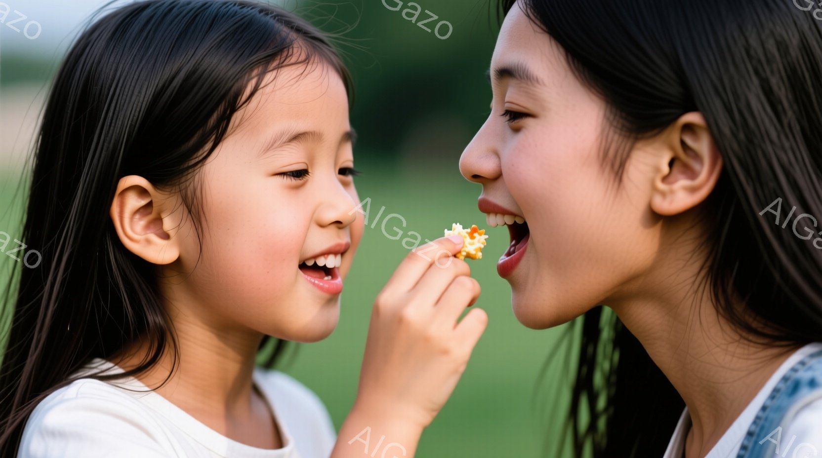 二人の若い女性が屋外で親密な瞬間を共有しています。一人は白いTシャツを着ており、もう一人は肩出しの青いトップスを着ています。彼女たちは笑顔で、一人がもう一人に小さな食べ物を差し出しており、背景には緑豊 - AI生成フリー素材