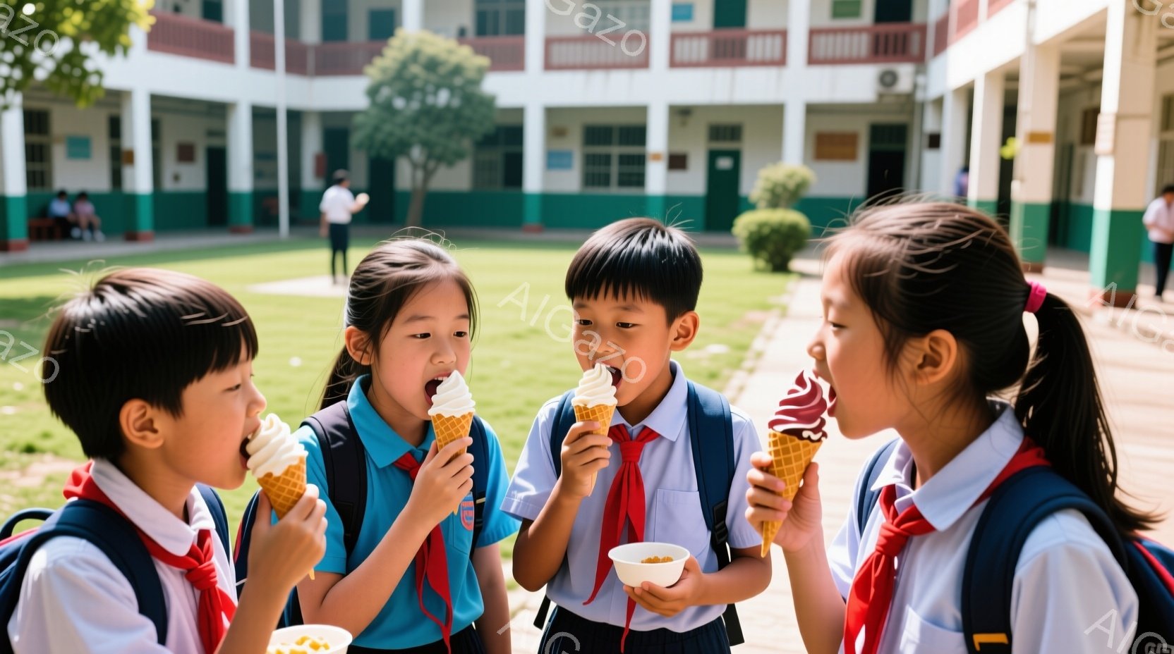 四人の子供たちがアイスクリームを食べている写真です。制服姿で、青いシャツに赤いネクタイ、紺色のズボンまたはスカートを着用し、皆笑顔で楽しそうにアイスクリームを口にしています。背景にはレンガ造りの建物と - AI生成フリー素材