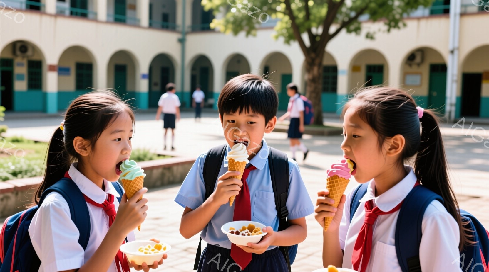 三人の子供たちは学校の制服を着て、アイスクリームやゼリーを楽しんでいます。女の子二人はコーンアイスクリームを、男の子はカップゼリーとコーンアイスクリームを持っています。背景には学校の建物が見え、日差し - AI生成フリー素材
