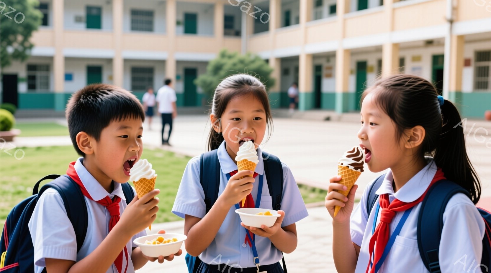 三人の子供たちは制服を着て、それぞれアイスクリームまたはお菓子を手にしています。彼らは皆笑顔で、アイスクリームやキャンディーを楽しんでいる様子です。背景には学校の建物と緑の芝生が見え、晴れた日の楽しい - AI生成フリー素材