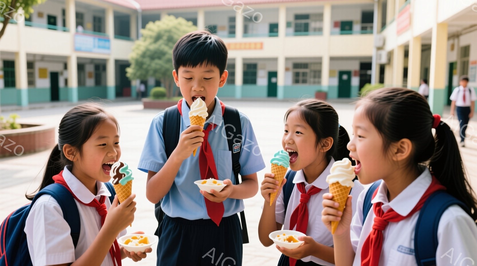 制服を着た小学生たちがアイスクリームを楽しんでいる様子が写っています。女の子たちはピンクの制服に青いネクタイを着用し、髪は長く、笑顔でアイスクリームを口に運んでいます。背景には学校の建物が見え、晴れた日の穏やかな雰囲気です。