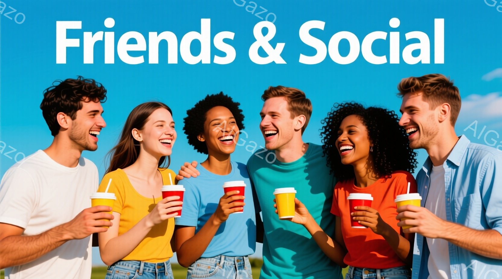 6人の若者が並んで笑顔で写っており、それぞれ紙コップを持っています。服装はカジュアルで、明るい色のTシャツやセーターを着ています。背景は青空と緑の草地で、晴れた日の楽しい雰囲気が伝わってきます。