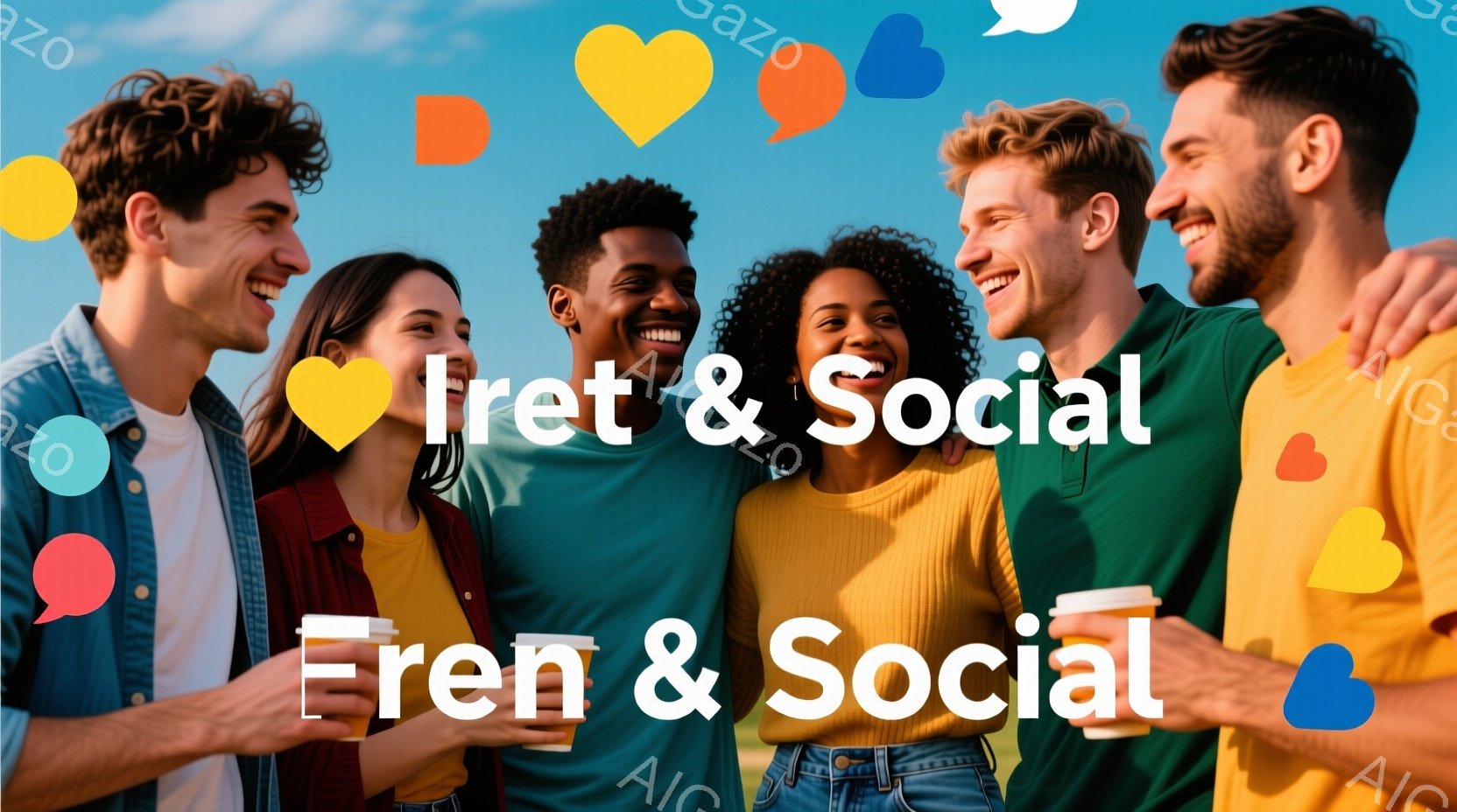 若い成人たちが集まり、大きな微笑みを帯びて自然光によって満たされた青空で写真を取っている。彼らは、友人や家族と一緒に楽しむことがあり、彼らの表情は幸せで、そのような場合に共感するための「心」のアイコンを示している。背景には、明るく白い空、澄んだ天気があり、自然の雰囲気が感じられます。