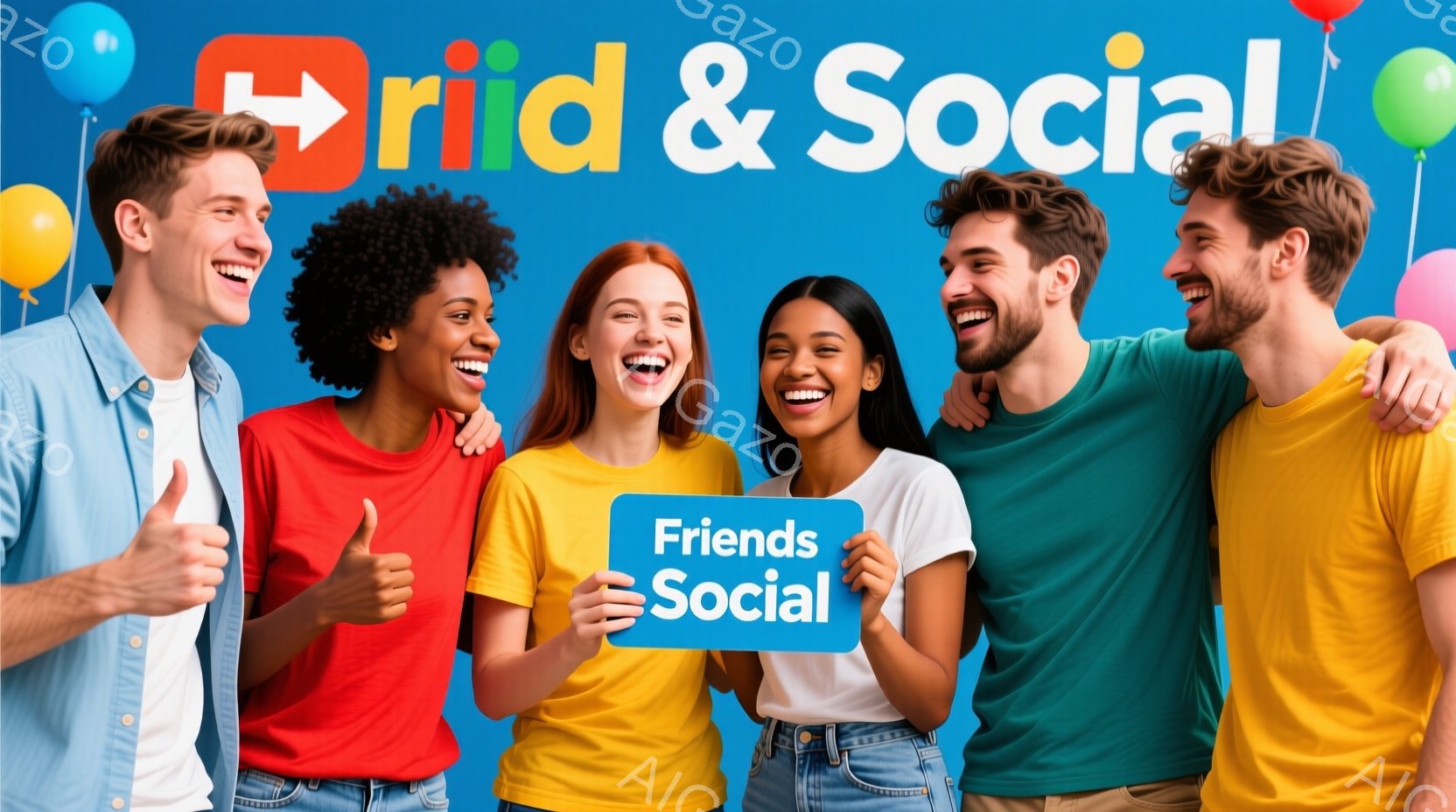 鮮やかな青色の背景に、多様な人種の男女が親しげに並んでいます。それぞれが明るい色のTシャツを着ており、笑顔で親指を立てて、楽しそうな雰囲気を演出しています。背景には、「Friends」と書かれた水色のバナーがあり、全体的に陽気で活気のある印象を与えます。