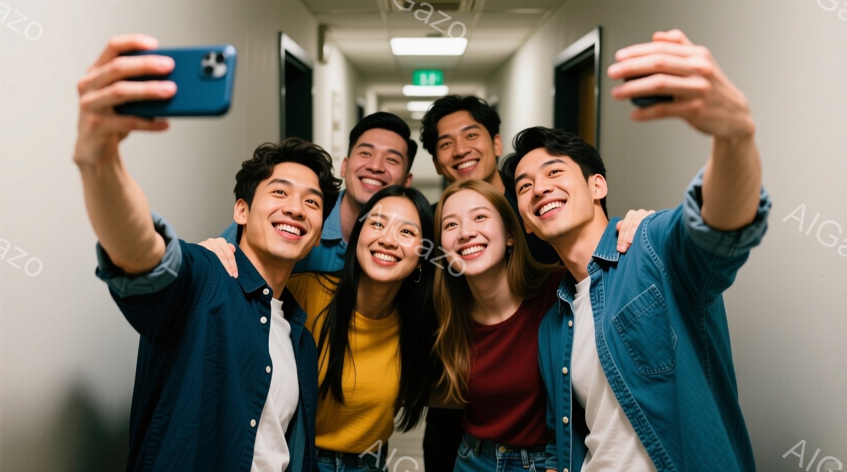 5人の若者が親しげに寄り添い、自撮りしている様子が写っている。彼らはそれぞれデニムジャケットや明るい色のトップスを着ており、皆笑顔で楽しそうな表情をしている。背景は廊下で、シンプルな壁と天井が見えるた - AI生成フリー素材