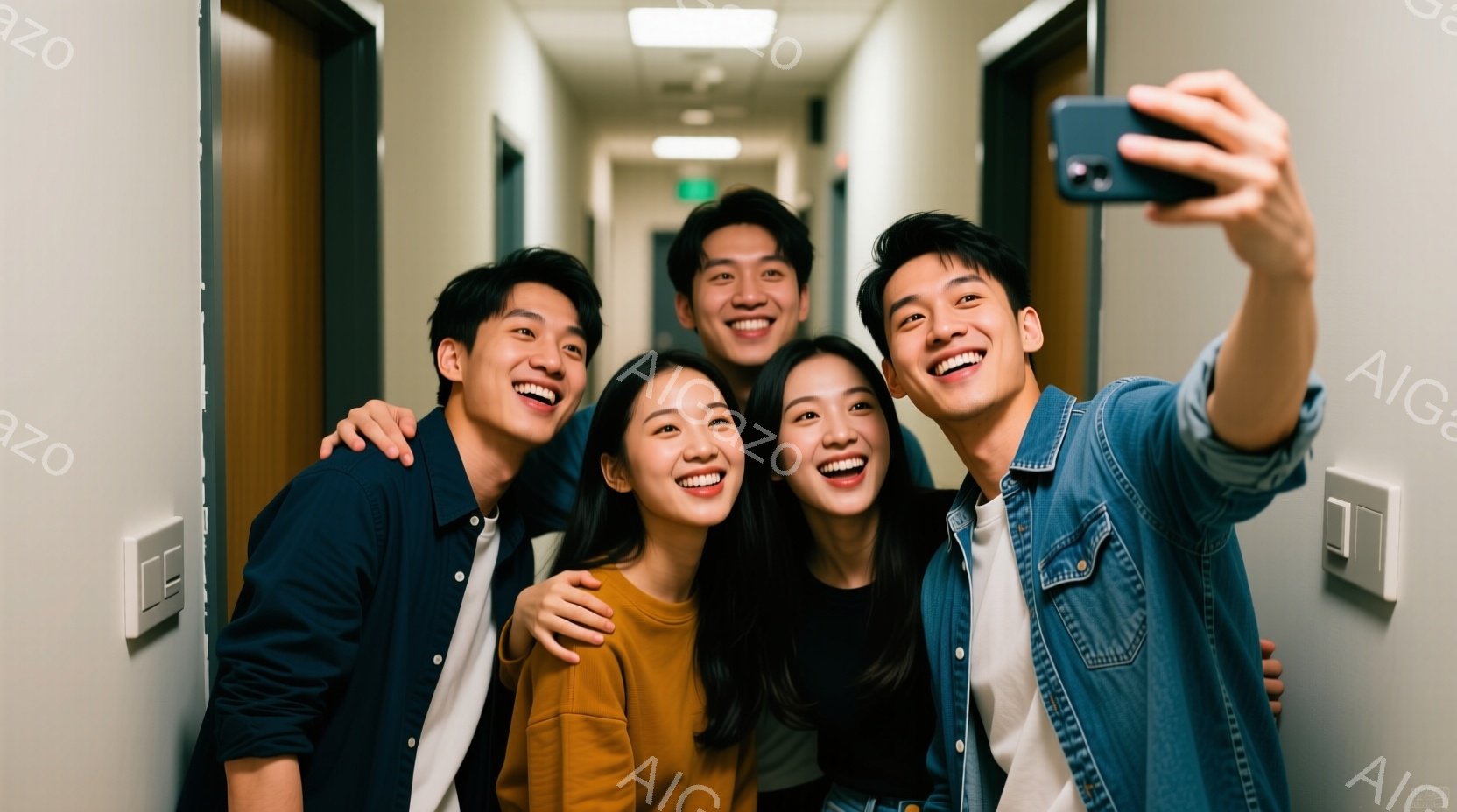 5人の若い男女が廊下でセルフィーを撮っています。彼らは皆笑顔で、身近に寄り添い、楽しそうな雰囲気を醸し出しています。男性はそれぞれネイビーまたはデニムジャケットを着ており、女性はオレンジ色と白のトップスを着ています。
