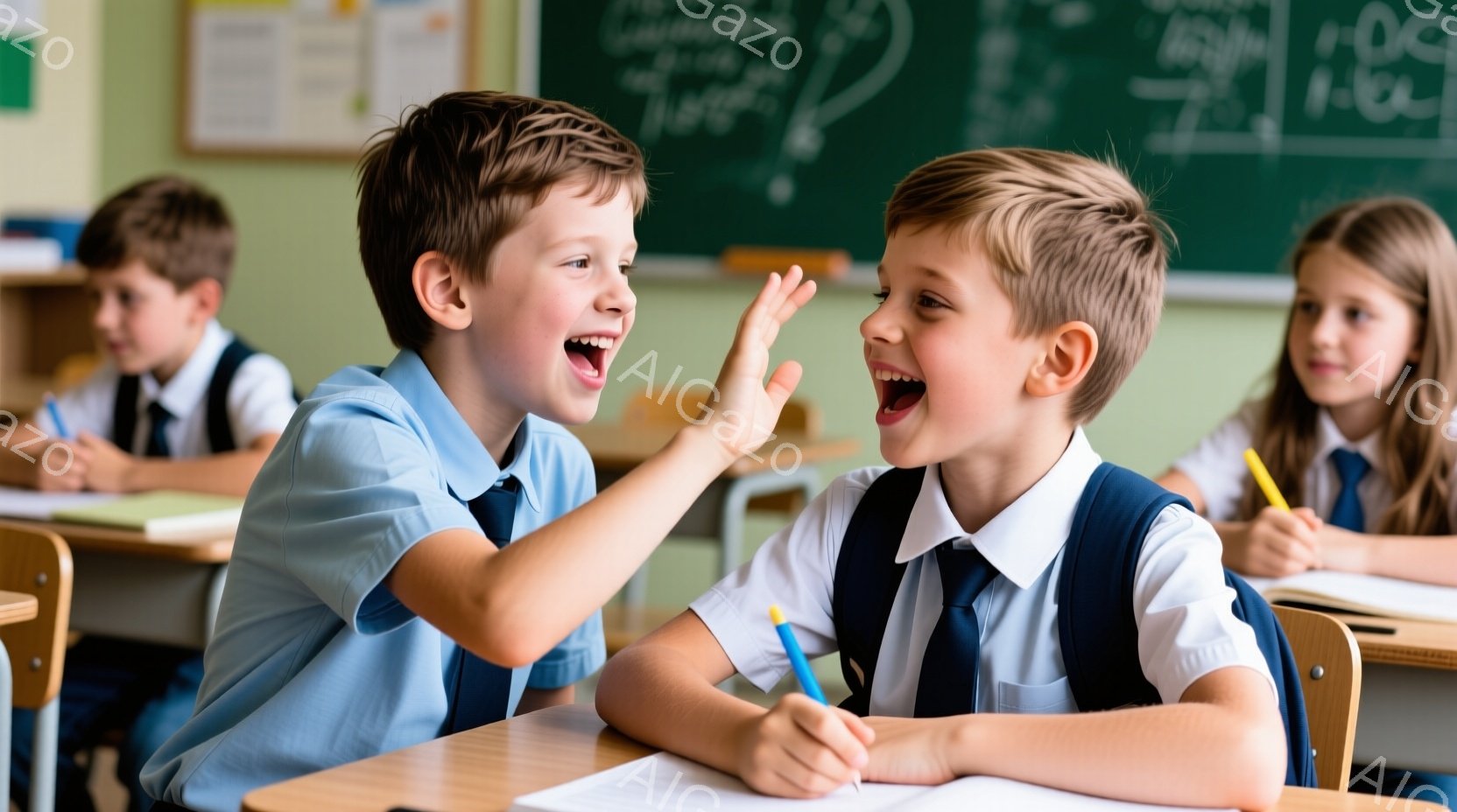 教室で、制服を着た少年たちが楽しそうに笑い合っています。一人の少年は、もう一人の少年に何かを話しかけ、片手を口にあてています。背景には、他の生徒たちと黒板があり、明るく活気のある授業風景が広がっています。