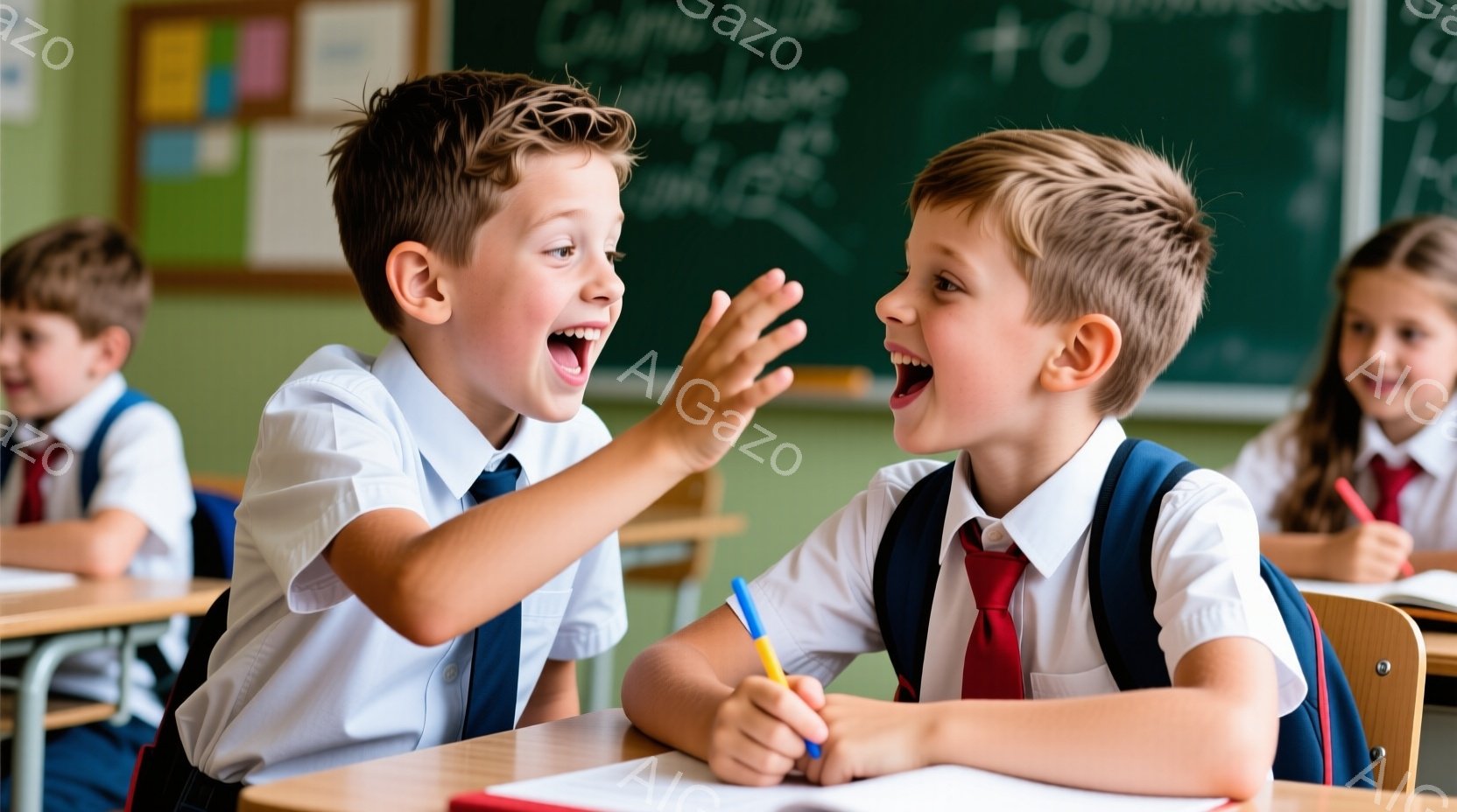 教室のなかで、二人の男の子が嬉しそうに笑い合っています。白いシャツにネクタイ、紺色のズボンという制服を着ており、明るい髪型で、顔には満面の笑みが浮かんでいます。背景には他の生徒や黒板が見え、活気のある授業風景が伝わってきます。