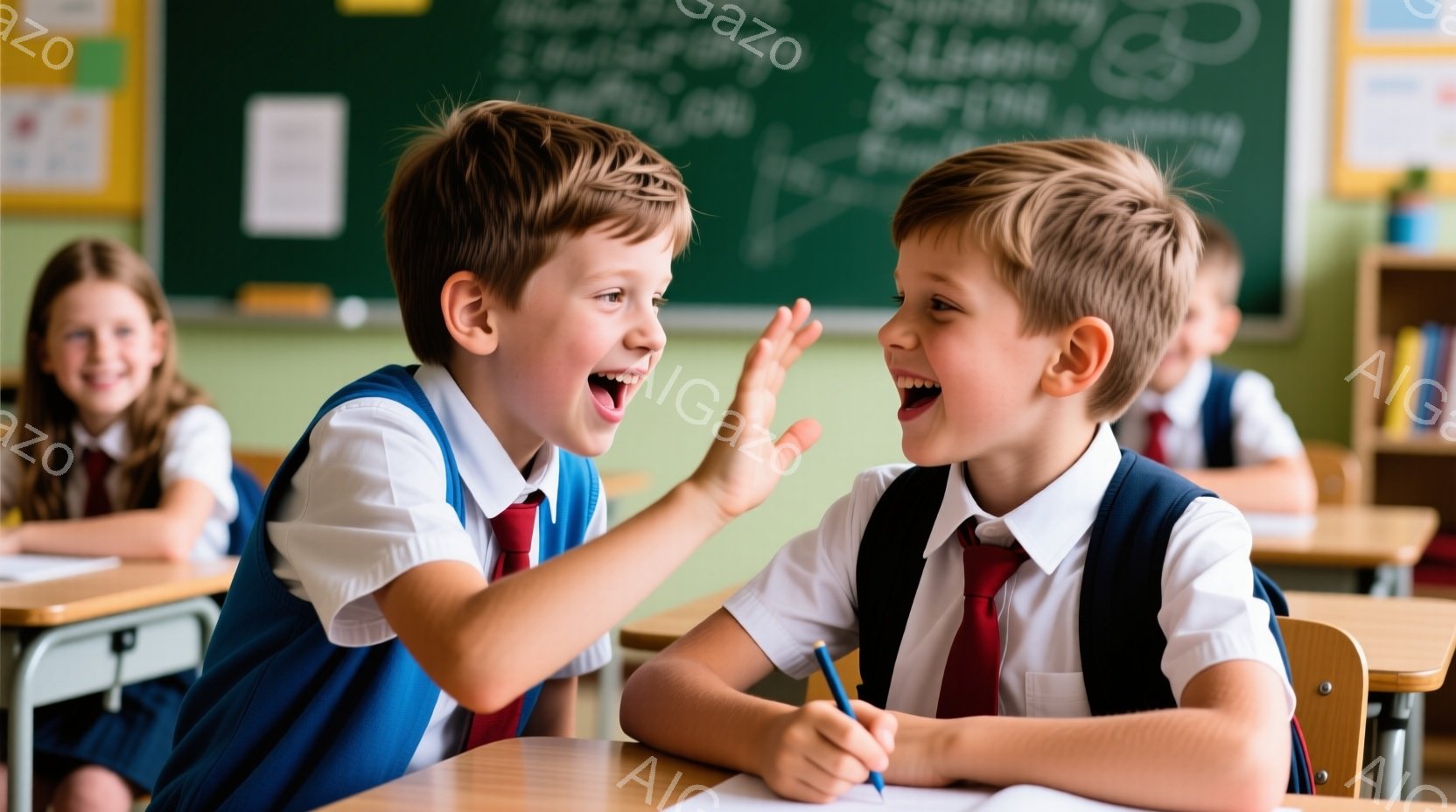 教室で二人の少年がハイタッチをして喜んでいます。少年たちは青いブレザーに赤いネクタイ、白いシャツを着ており、茶色の髪を短く切っています。背景には他の生徒たちや黒板が見え、明るく活気のある雰囲気です。 - AI生成フリー素材