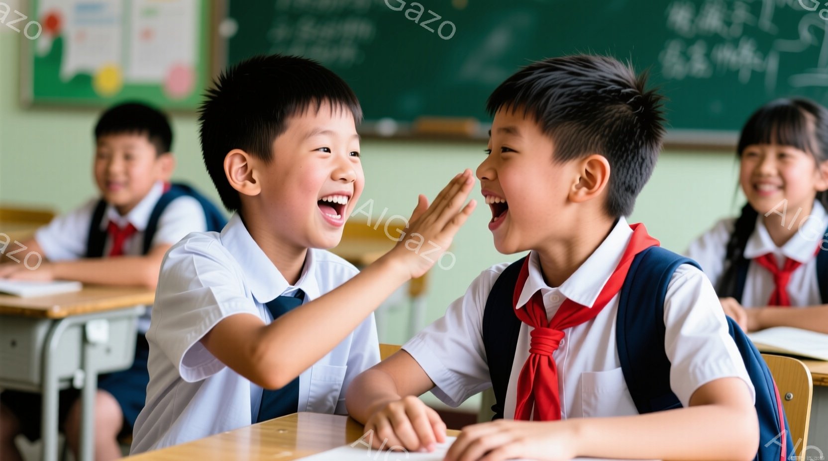 二人の男の子が教室で向かい合って笑い合っています。制服姿で、片方の男の子は赤いネクタイ、もう一人は青いネクタイをしています。背景には他の生徒たちが座っており、黒板には文字が書かれています。