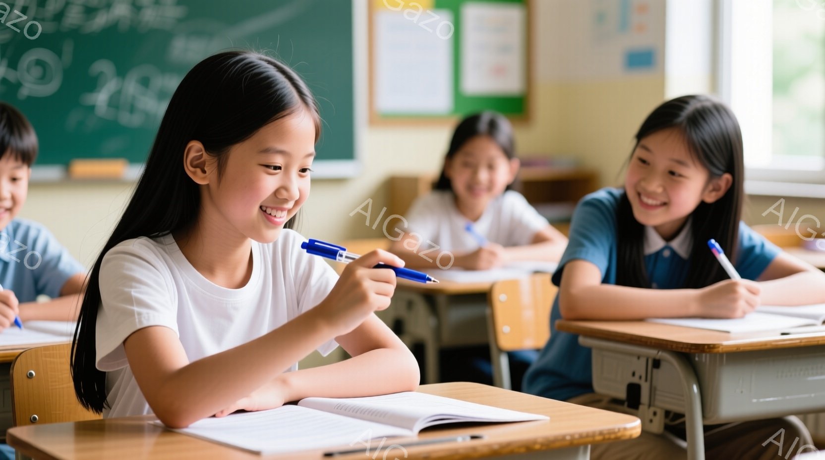 教室で数人の少女が机に向かって座っており、笑顔で勉強に取り組んでいます。一人の少女は白いシャツを着ており、黒い髪を後ろで結んでいます。背景には黒板と学習教材が見え、明るく活気のある教室の雰囲気が伝わっ - AI生成フリー素材