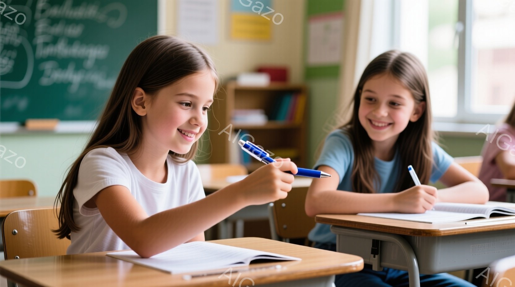 教室で二人の若い女の子が机に向かって勉強しています。どちらも白いTシャツを着ており、長い茶髪をしています。彼女たちは笑顔で、ペンを持って何かを書き込んでいる様子で、明るく楽しい雰囲気です。