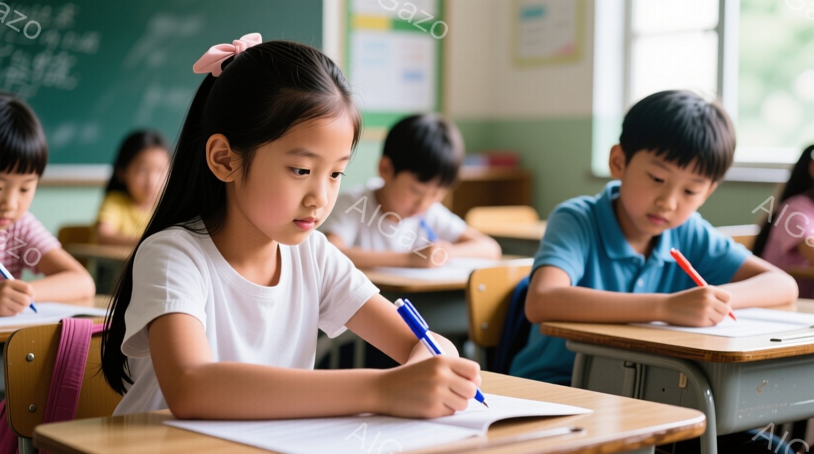 教室で何人かの子供たちが机に向かって勉強しています。前列の女の子は白いシャツを着て髪をポニーテールにし、青いペンで何かに集中して書き込みをしています。教室は明るく、子供たちは真剣な表情で学習に励んでいます。