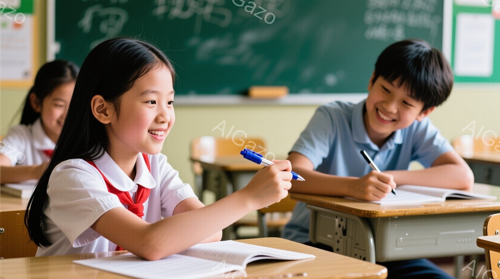 教室の中で、制服を着た少女と少年がノートに書き込みながら笑顔を見せています。少女は黒髪を後ろで結び、赤いリボンを付けており、少年は短髪で、青いシャツを着ています。背景には黒板があり、教室の明るい雰囲気 - AI生成フリー素材