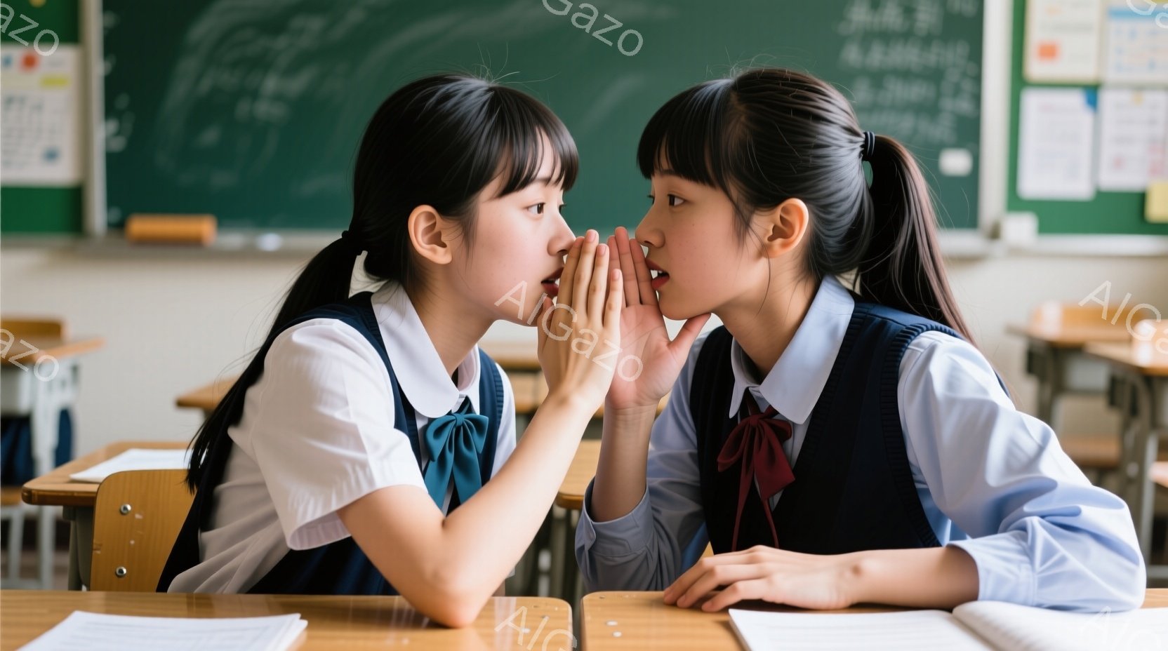 二人の女子学生が教室で秘密を打ち明け合っている様子が描かれています。制服姿で、どちらも長い黒髪を後ろで一つに結んでおり、片方の女子がもう片方の耳元で何かを囁いています。教室には木製の机と椅子が並び、黒板には文字が書かれており、明るく穏やかな雰囲気が漂っています。