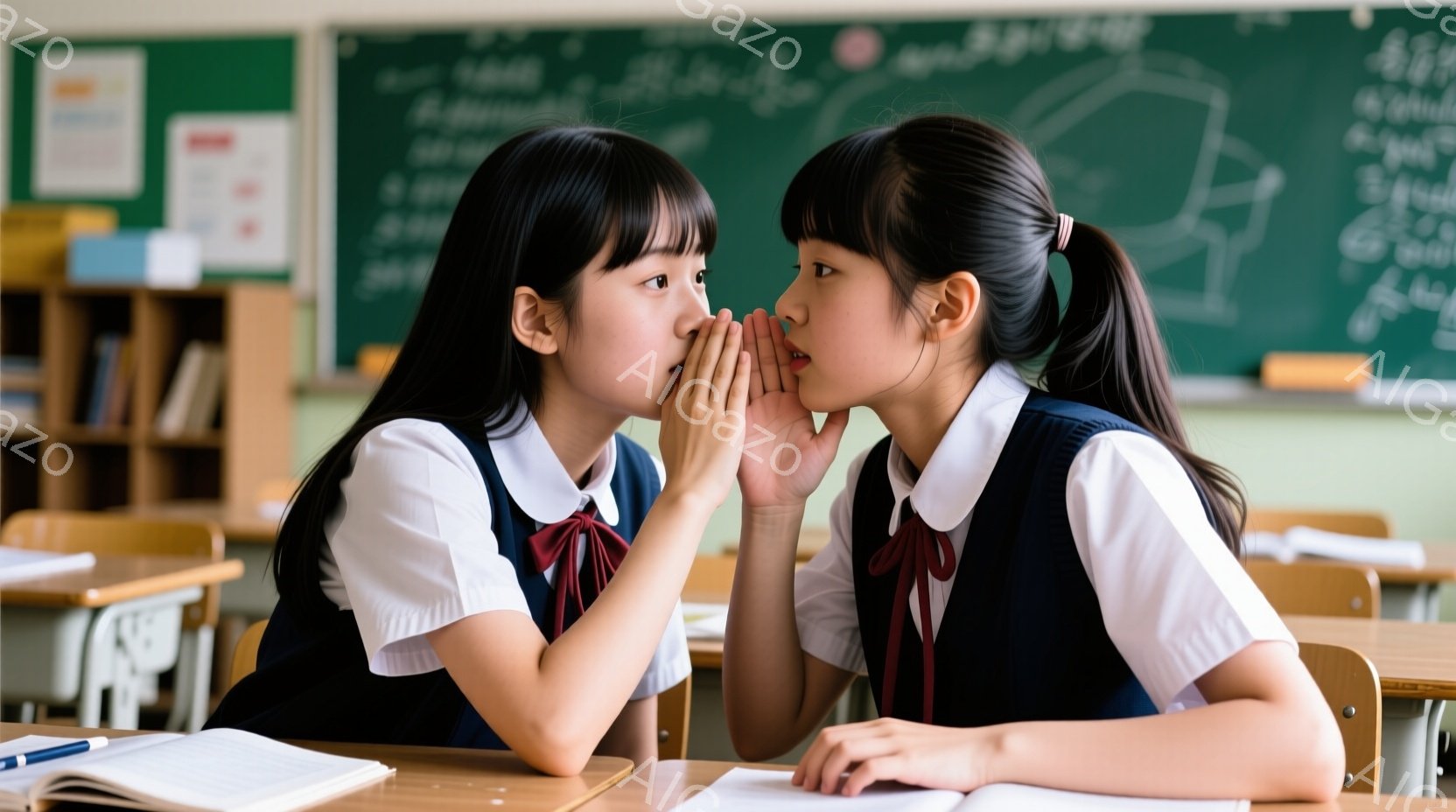 二人の女子学生が教室でひそひそ話をしている様子が写っている。制服は濃い青色のベストと白いシャツで、赤いリボンが結ばれている。彼女たちは机に向かい合い、一人がもう一人に何かを話しているようで、真剣な表情をしている。