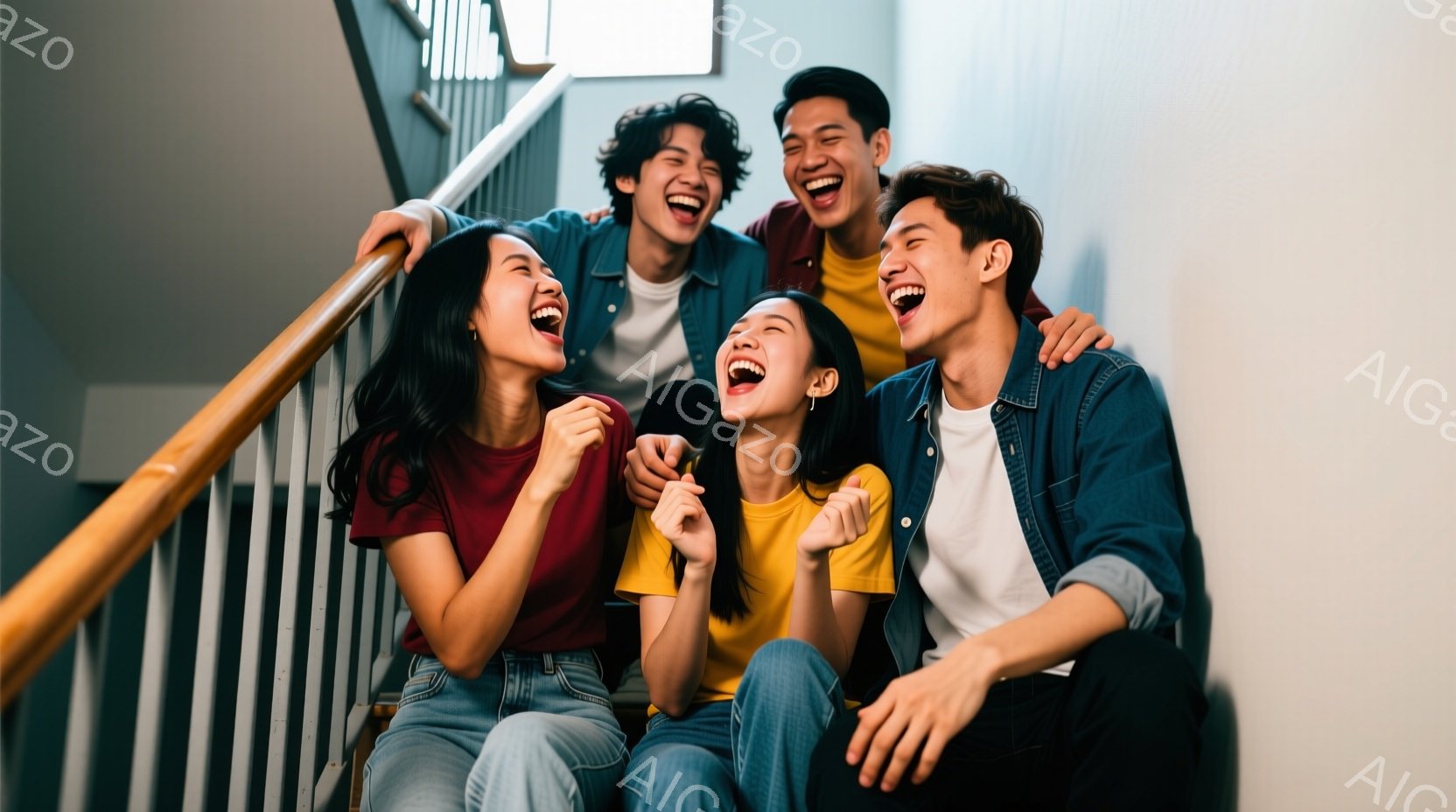 階段に座って笑い合う若い男女四人が写っています。女性は赤いTシャツと黄色いTシャツを着ており、男性はそれぞれデニムのシャツと白いTシャツを着ています。彼らは皆、喜びと興奮に満ちた表情で、親しげに肩を組んだり、腕を広げたりしています。