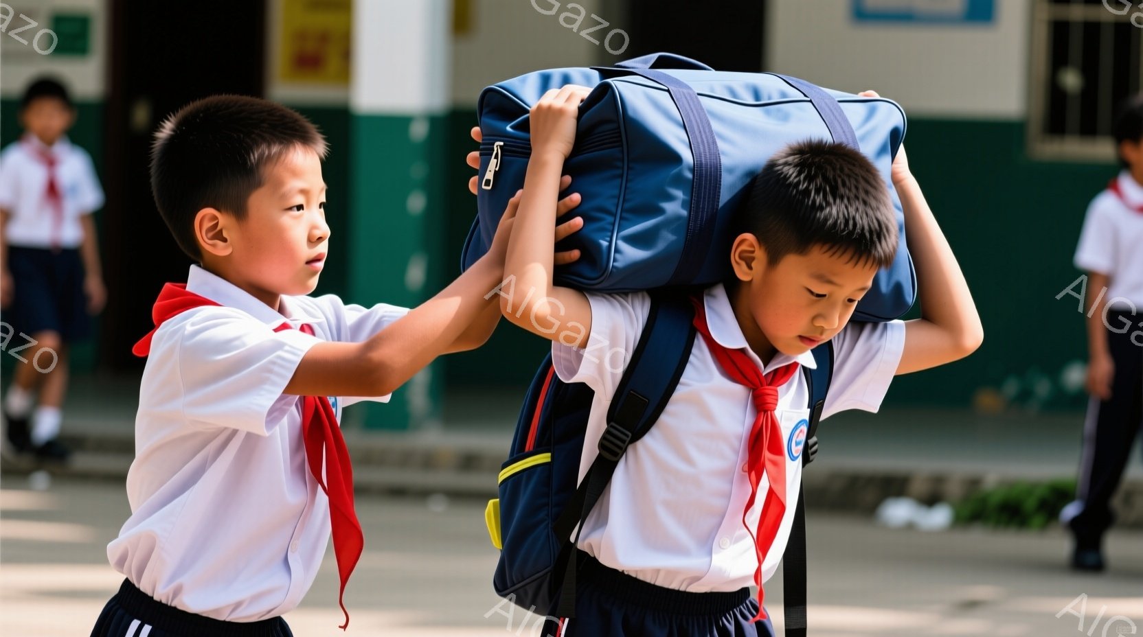 制服を着た少年たちが写っている。彼らは白いシャツ、紺色のズボン、赤いネッカチーフをつけており、一人が大きな青いバッグを背負っている。背景には緑の植物と建物の壁が見え、晴れた日のように明るい雰囲気である。