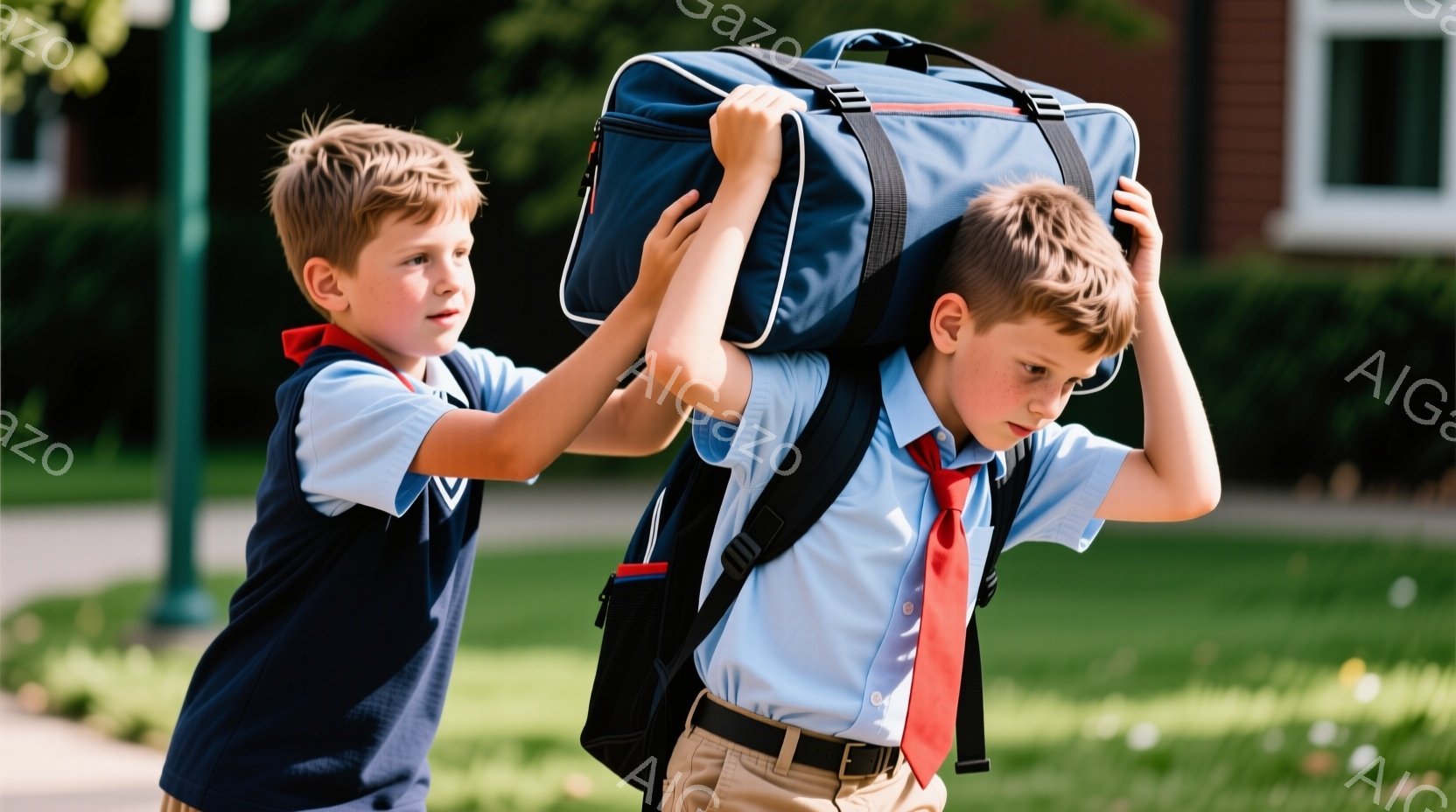 二人の少年が写っており、一人は紺色のポロシャツにズボン、もう一人は水色のシャツにネクタイ、ベージュ色のズボンを着用しています。片方の少年は大きな紺色のダッフルバッグを肩に担ぎ、もう一人はそれを支えるよ - AI生成フリー素材