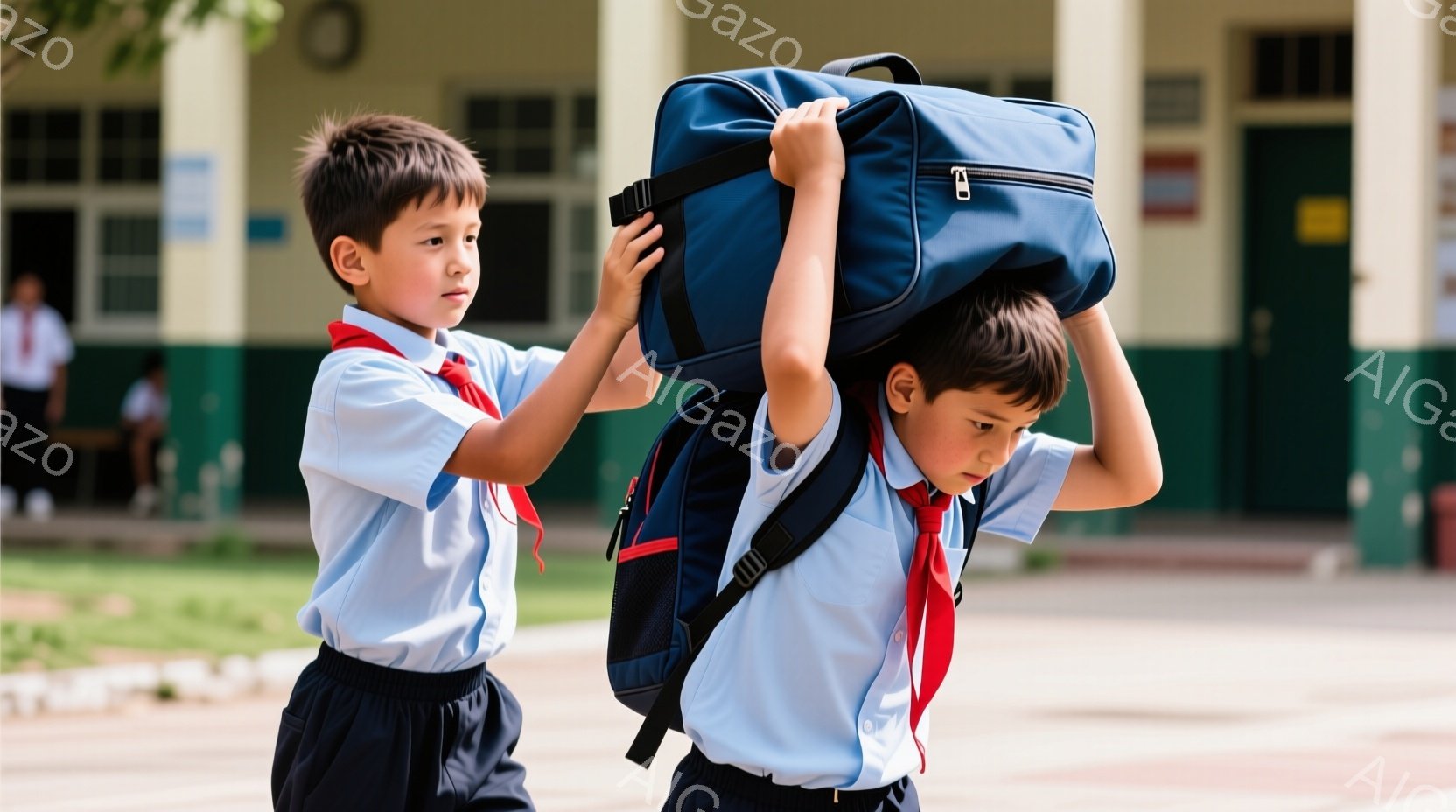 制服を着た二人の少年が写っている。一人は濃い青色のバックパックを背負い、もう一人はそのバックパックを支えている。背景には校舎と、晴れた日の屋外の風景が見える。