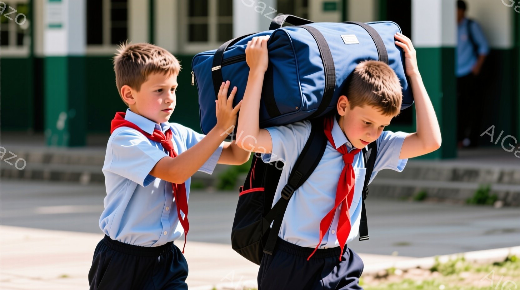 二人の少年が青い制服と赤いスカーフを身に着け、大きな黒いダッフルバッグを肩に担いで歩いている。彼らは少し苦労している様子で、やや前かがみの姿勢をしている。背景には建物が見え、晴れた日の屋外で、おそらく夏のような暖かい日だと推測される。