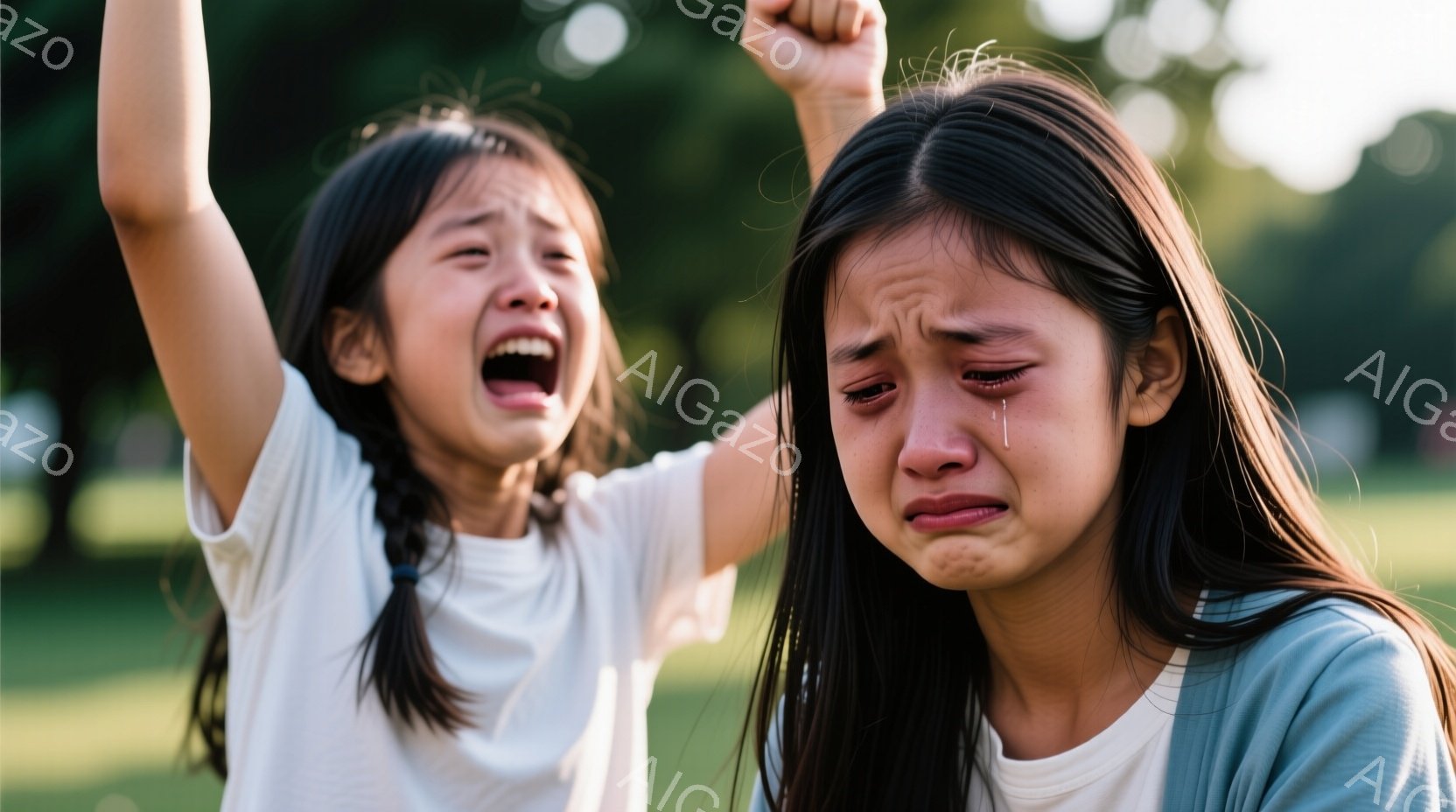 二人の若い女の子が写っており、一人は両手を上げて叫び、表情は非常に興奮しています。もう一人は涙を流し、悲しそうな表情をしています。背景は緑豊かな自然で、木々や草地が広がっており、晴れた日の穏やかな屋外 - AI生成フリー素材