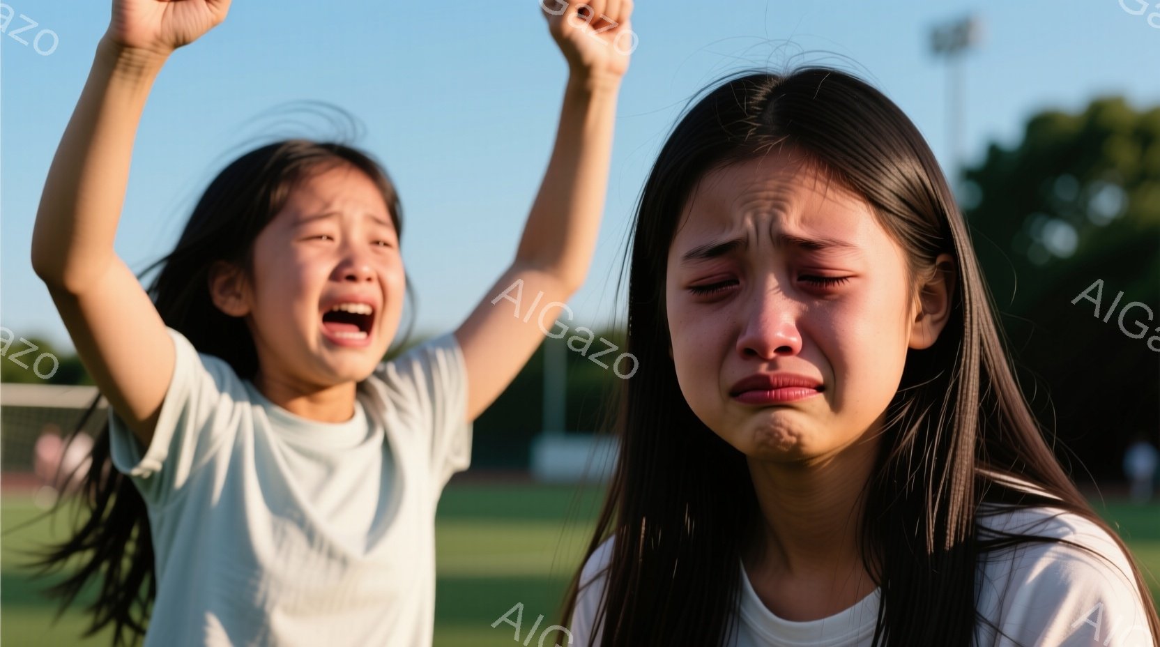 二人の若い女の子が、おそらく競技場の緑の芝生の上で泣いています。どちらも黒髪で、白いTシャツを着ており、非常に悲しげな表情をしています。背景には、ぼやけた競技場と、晴れた空の下の緑豊かな木々が見え、感情的な瞬間が強調されています。
