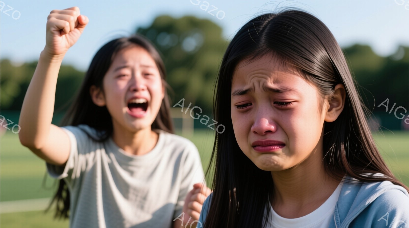 二人の若い女性が写っており、一人は片手を高く上げて叫び、興奮した表情をしています。もう一人は涙を浮かべ、悲しそうな表情で顔をしかめています。背景には緑豊かな芝生と木々が見え、晴れた日の屋外で撮影されたことを示唆しています。