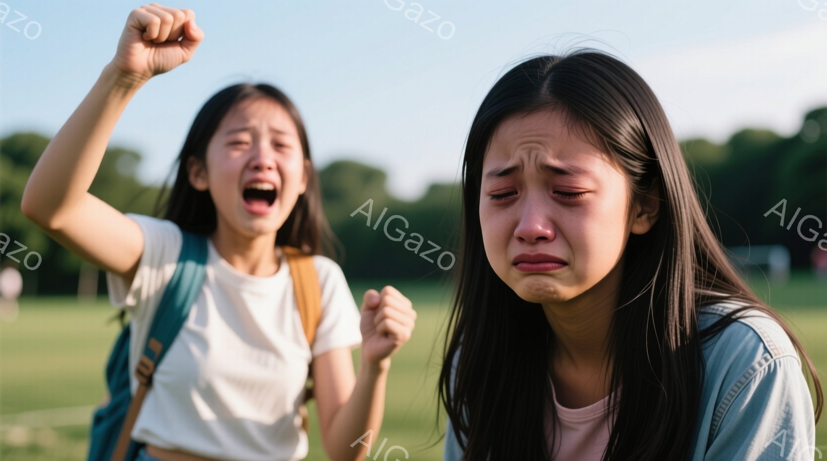 二人の若い女性が草原に立っています。左側の女性は腕を上げて歓声を上げ、喜びの表情をしています。右側の女性は涙を流し、悲しげな表情を浮かべており、対照的な感情が強調されています。