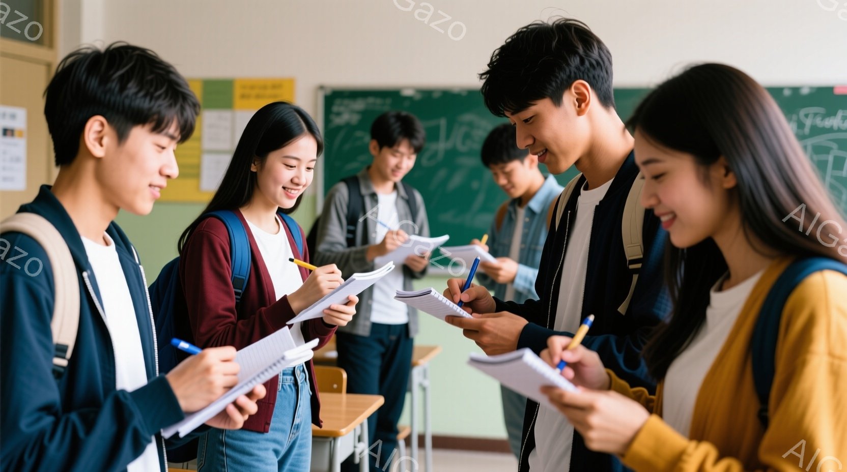 学生たちが教室でノートを取りながら会話している様子が写っています。彼らは皆、カジュアルな服装で、バックパックを背負っています。教室には数人の生徒がおり、背景には黒板が見え、全体的に明るく活気のある雰囲 - AI生成フリー素材