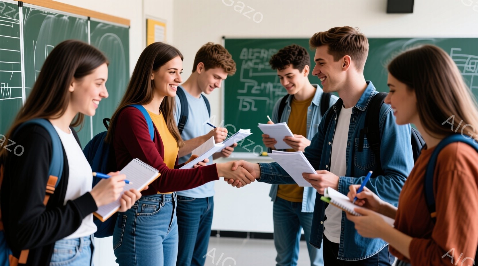 若者たちが教室で握手を交わしている様子が写っている。彼らは皆、カジュアルな服装で、ジーンズとセーターやジャケットを着ている。背景には黒板があり、教室の雰囲気を示している。