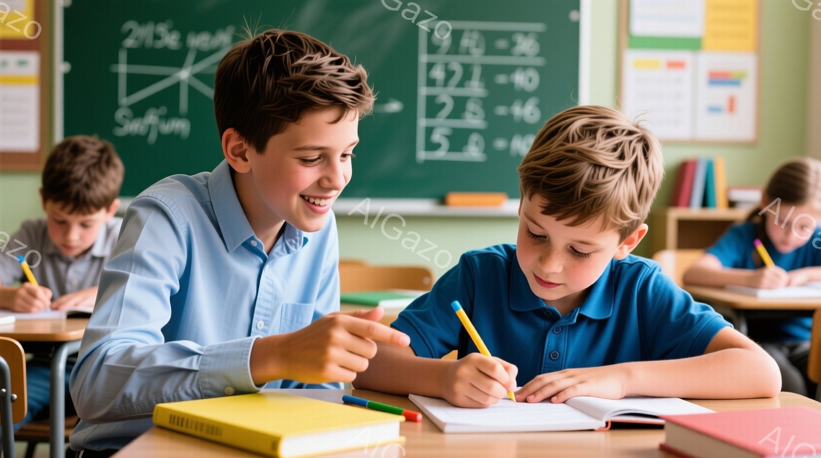 教室で二人の少年が勉強しています。一人は青いシャツを着て、もう一人は青いTシャツを着ており、どちらも髪は短く、笑顔で互いに教え合っています。背景には他の生徒たちが机で勉強しており、黒板には算数の問題が書かれており、明るく活気のある学校の雰囲気が伝わってきます。