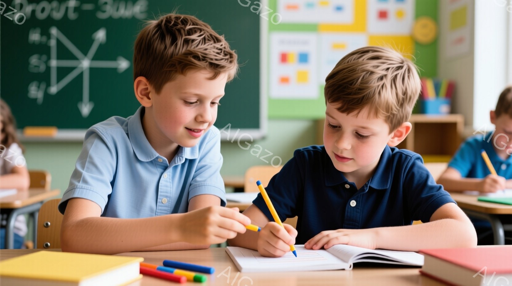二人の少年が教室で机に向かい、何かに集中して書き込みをしている様子が写っている。少年たちは青いポロシャツを着ており、片方の少年はオレンジ色のクレヨン、もう片方の少年は黄色のペンを使っている。背景には黒板、カラフルな絵、他の生徒たちがいて、明るく学習に集中した教室の雰囲気が伝わる。