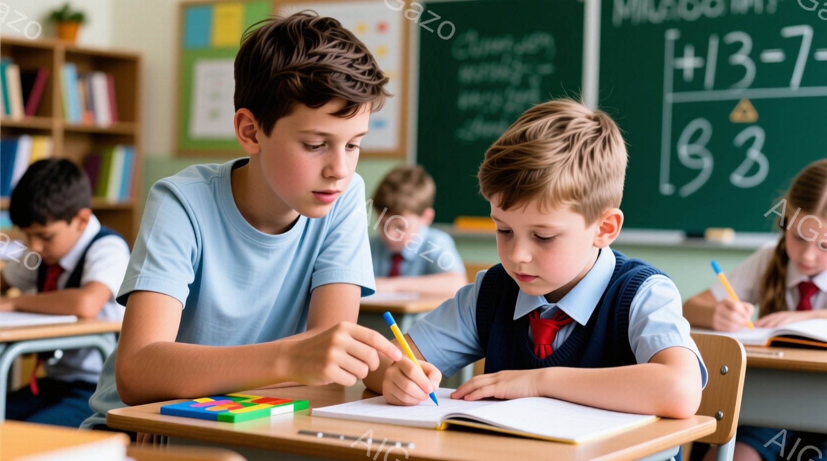 教室で、一人の少年が別の少年を助けている様子が描かれています。二人は制服を着ており、机に向かい、それぞれ鉛筆を持って何かを書いているようです。背景には他の生徒たちが座っており、カラフルな積み木や黒板が写っています。