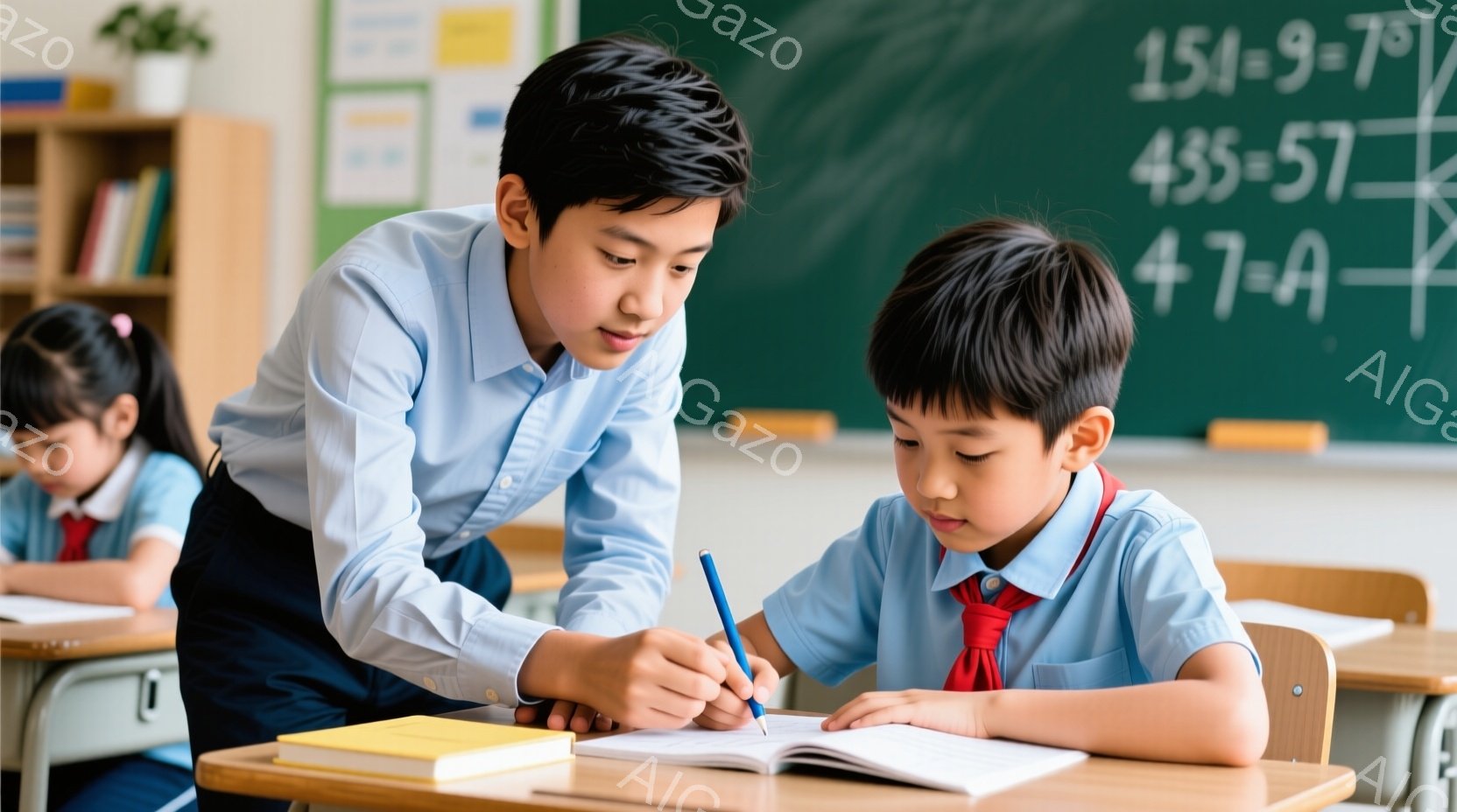 教室で、制服を着た少年が、机に向かって勉強しています。少し年上の少年が彼に寄り添い、鉛筆で何かを指し示しながら教えているようです。背景には他の生徒や本棚が見え、明るく学習意欲を掻き立てる雰囲気です。