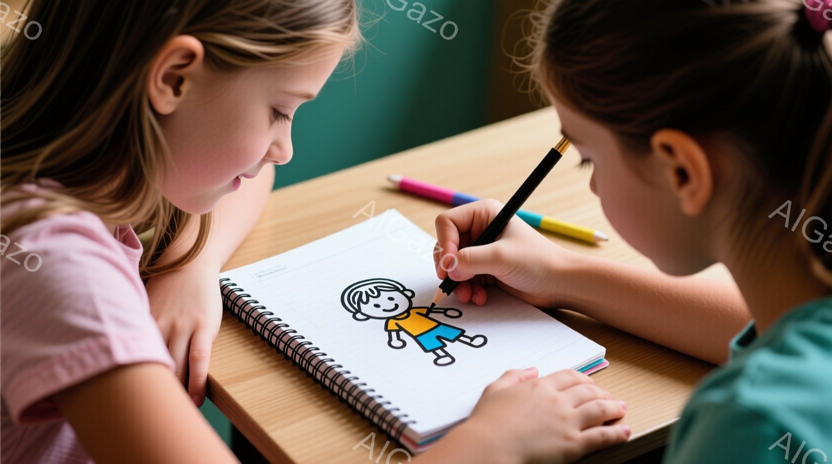 二人の幼い女の子が、ノートにクレヨンで人型の絵を描いている様子が写っています。一人はピンク色のシャツを着ており、もう一人は緑色のシャツを着ています。木製のテーブルの上に置かれたノートは開いており、カラフルなクレヨンがいくつか見えます。