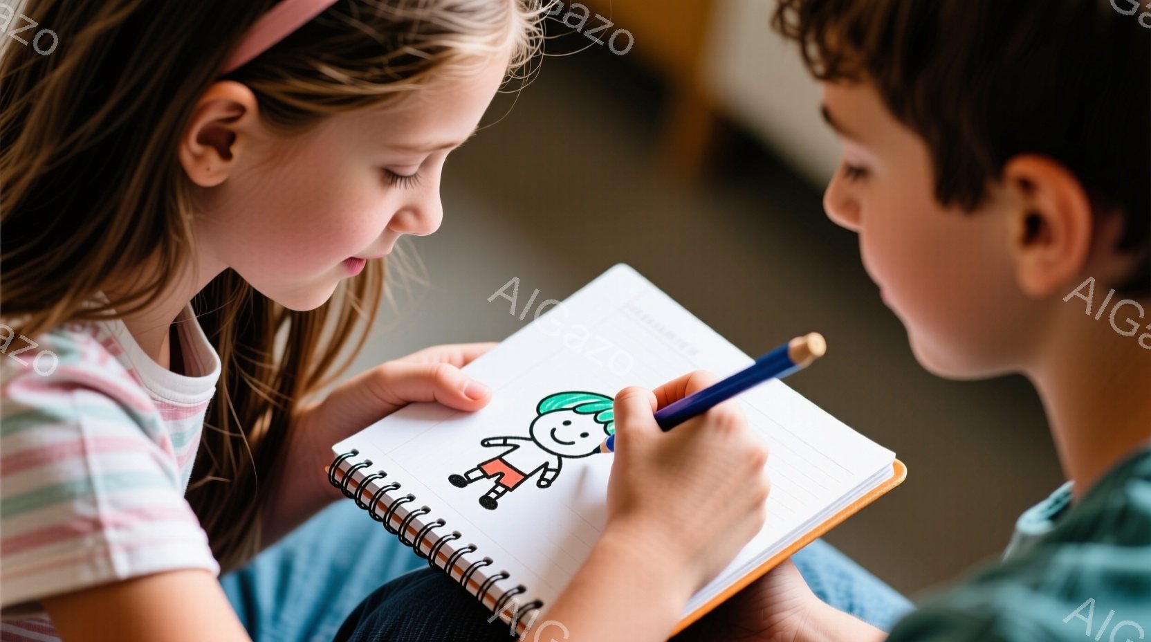 少女と少年がノートを見つめています。少女はピンクのヘッドバンドをつけており、ストライプのシャツを着ています。少年は青いシャツを着ており、ノートに描かれた人型に集中して見つめています。 - AI生成フリー素材